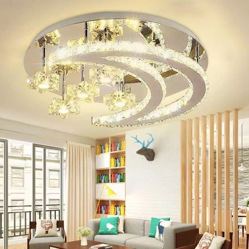 Ringed Shape Semi Flush Mount Modern Style Crystal Flush Ceiling Light in Silver