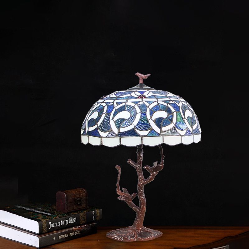 Bowl Shaped Night Lighting 1-Light Cut Glass Mediterranean Table Light in Coffee with Tree Design