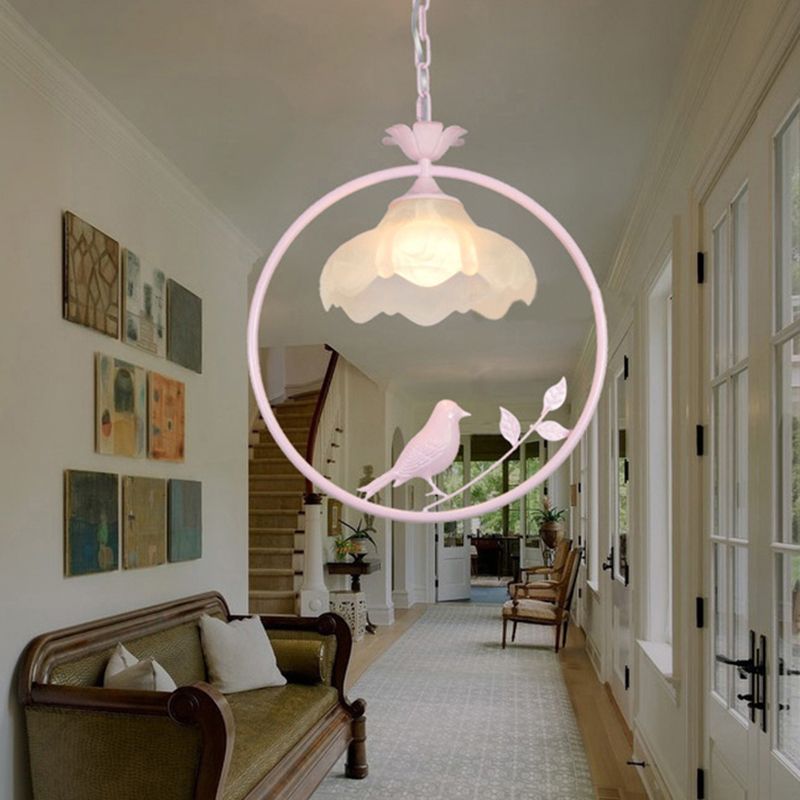 Classic Round Pendant Lighting 1 Light Metal Hanging Light Fixture in Black/White/Pink with Scalloped Shade