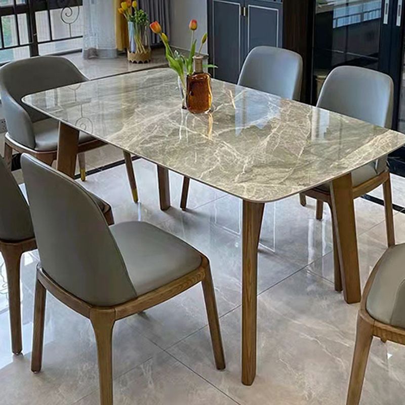 Gray Mid-Century Dining Table Stone Top Table with Wooden Base