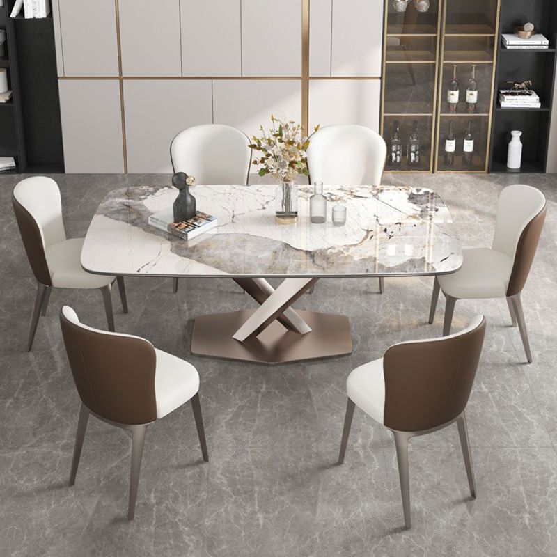 Mesa de comedor rectangular de lujo tradicional mesa de piedra sinterizada blanca con base de pedestal
