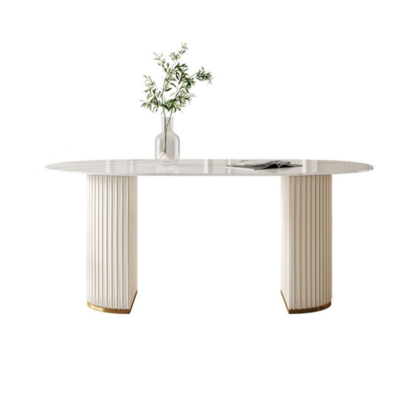 Contemporary Oval Dining Table Sintered Stone Top Double Pedestal Table