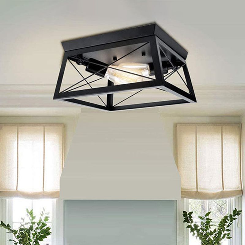 Square Dinning Room Flush Ceiling Light Fixture Industrial Metal Close To Ceiling Lighting