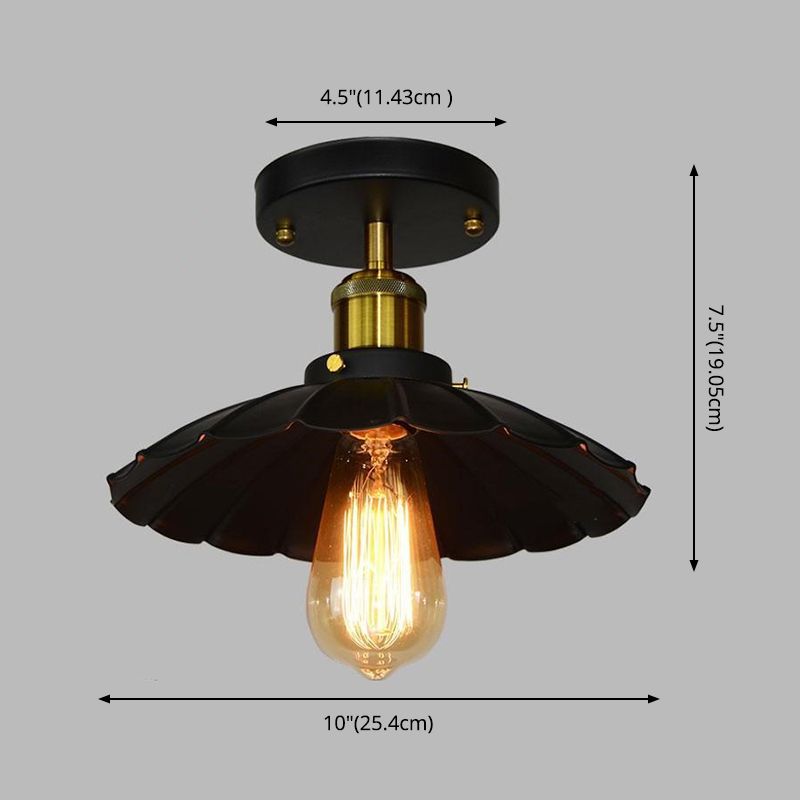 Black 1-Light Semi Flush Mount in Industrial Concise Style Wrought Iron Ceiling Fixture for Corridor