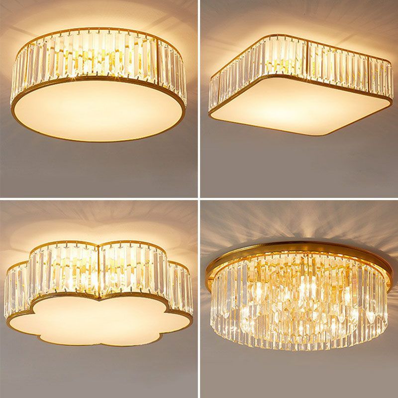 Bedroom Ceiling Mount Light Postmodern Gold Flush Mount Lamp with Drum Crystal Shade