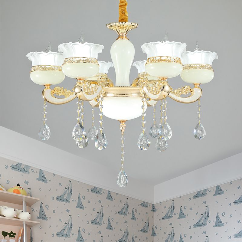 6 hoofden kroonluchter verlichting moderne slaapkamer plafond hanger met ruche-edge pot witte glazen schaduw in goud