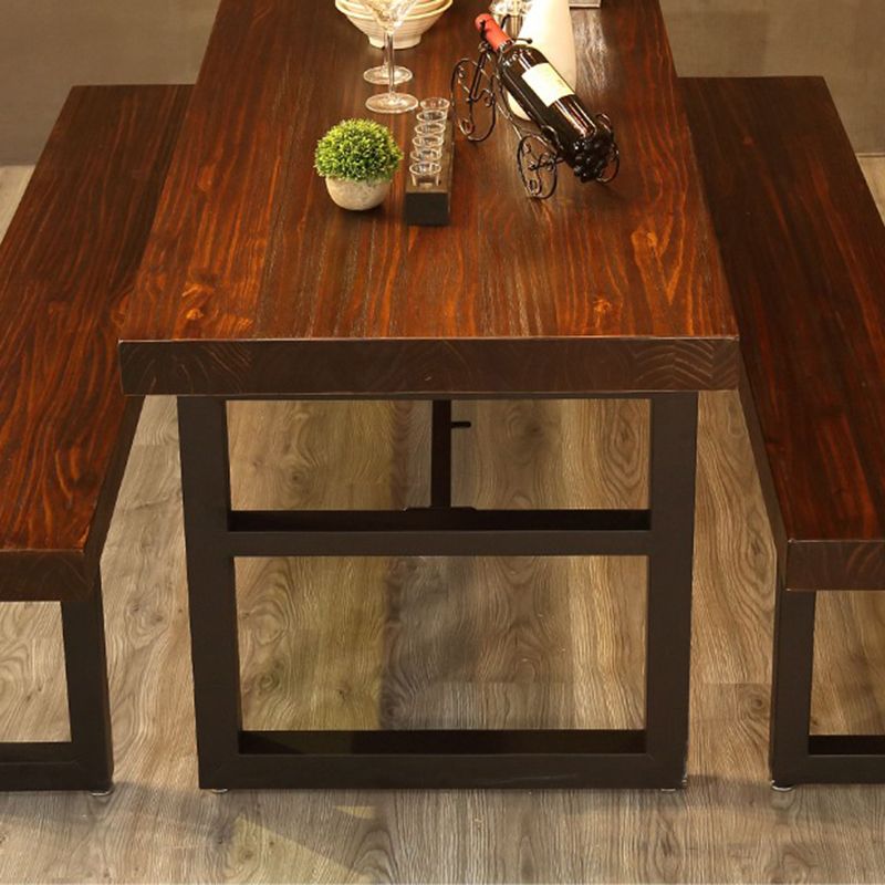 Industrial Dining Table Brown Solid Wood Dining Table with Trestle Base