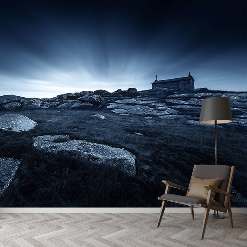 Black Nordic Mural Whole Stone House in Wilds When Sunrise Wall Art for Living Room