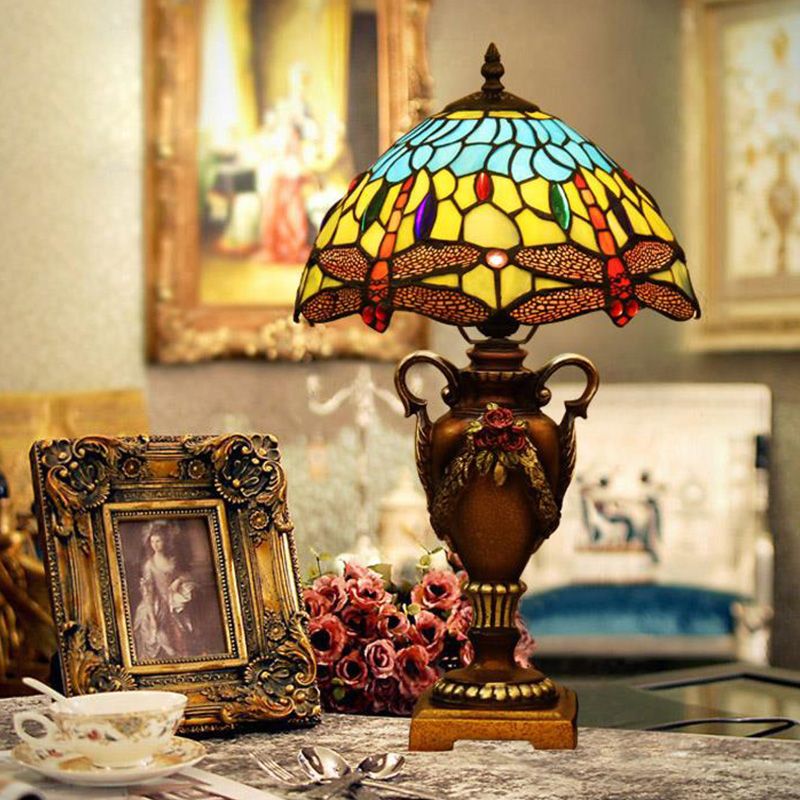 Bowl de bol victorien Light 1 tête tachée d'art tachée trophée Trophée Table de table lampe en bleu / vert avec motif de libellule