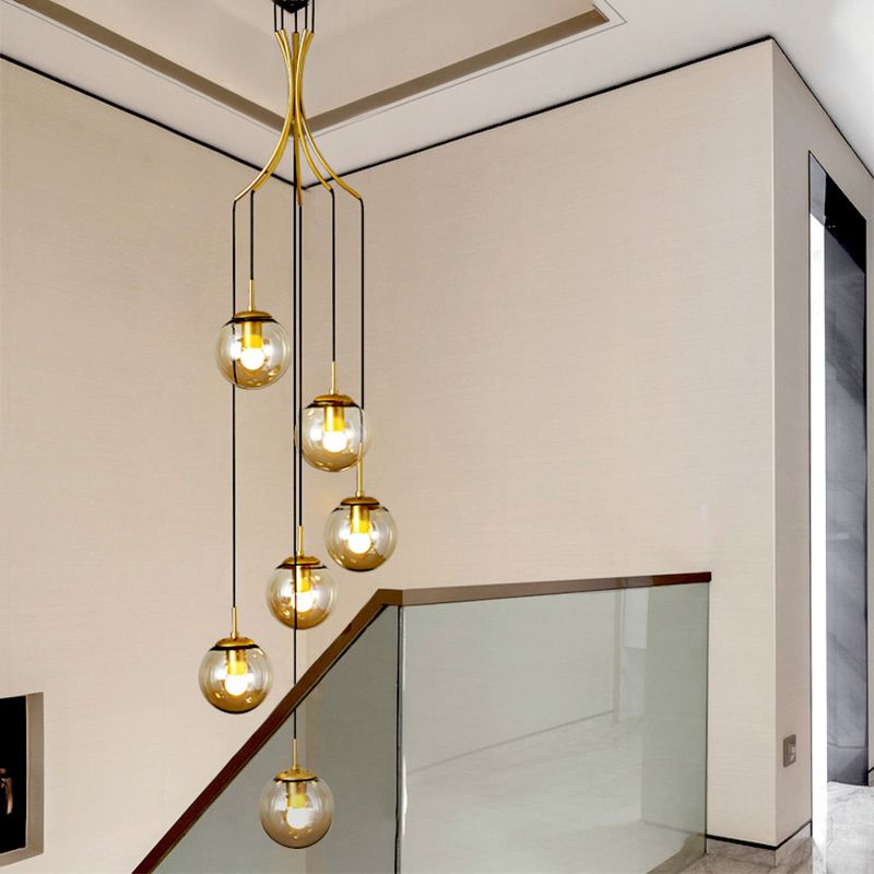 Modern Minimalist Multiple Globe Shade Pendant Light Gold Metal Long Hanging Lamp for Living Room