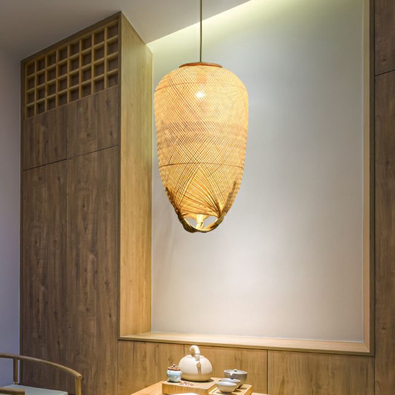 Asia Weaving Pendant Light Fixture Bamboo 1 Bulb Restaurant Ceiling Hang Lamp in Beige