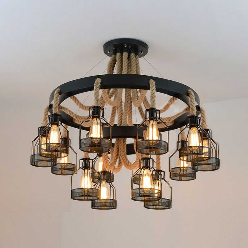 Chandelier Lamp Industrial Cage Metal Hanging Light with Hanging Rope for Dining Room