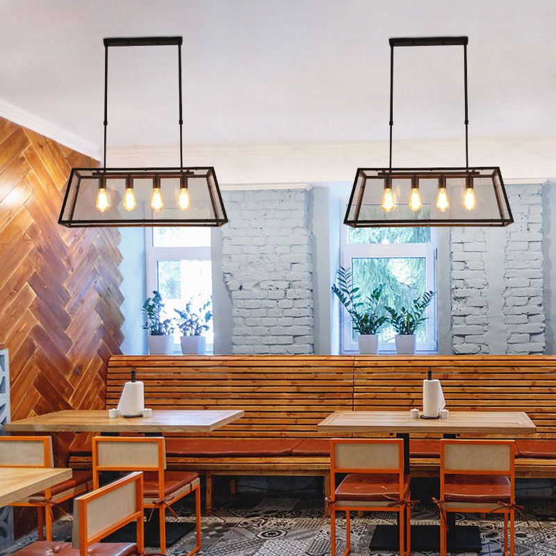 Industrial Glass Island Light Black 4 Lights Island Pendant for Restaurant
