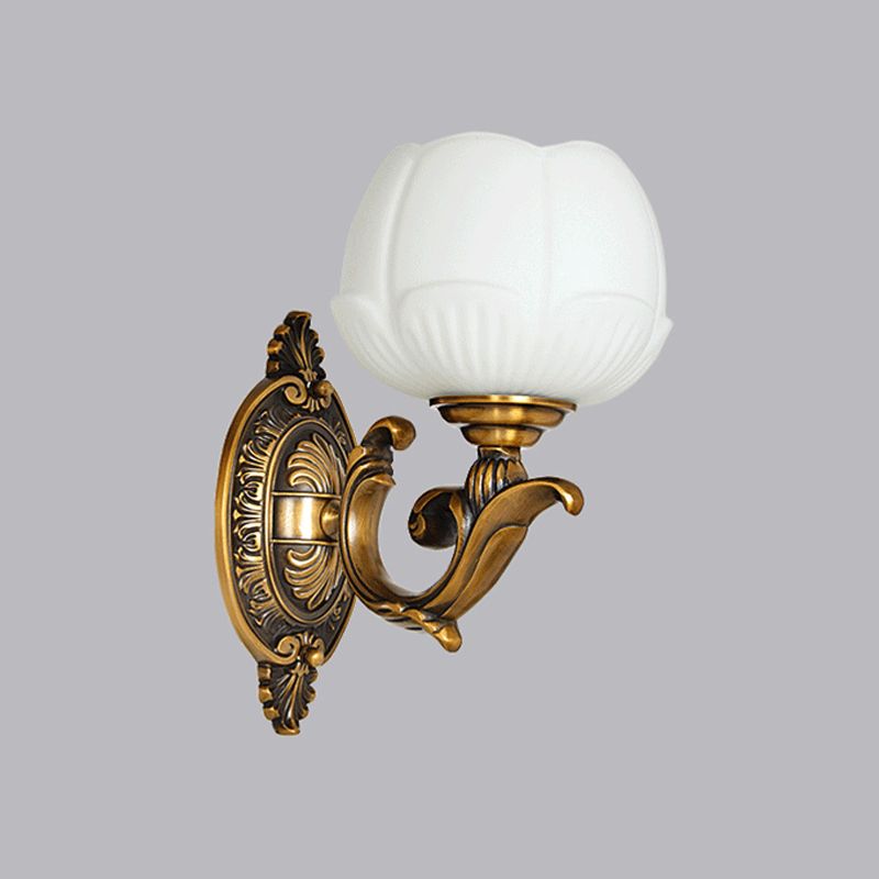 Flower Bud Milk Glass Wall Lamp Antiqued 1-Head Bedroom Wall Light Sconce in Brass