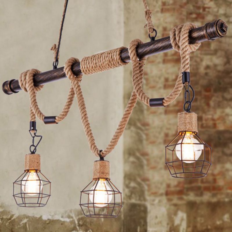 Beige 3-Light Island Lamp Industrial Metal Grenade Shaped Pendant Light with Pipe and Hemp Rope