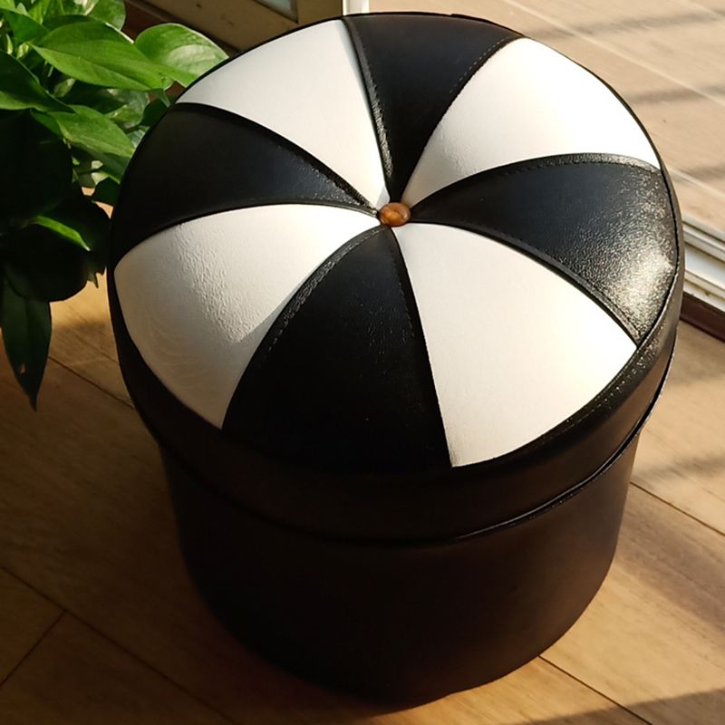 Mid-Century Modern Pouf Ottoman PU Leather Upholstered Tufted Patchwork Round Ottoman