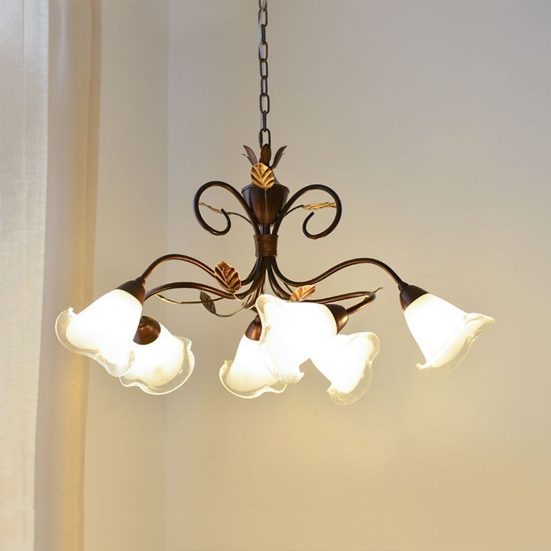 6 Heads Bedroom Hanging Chandelier Contemporary Red Brown Ceiling Pendant Light with Flower Frosted Glass Shade