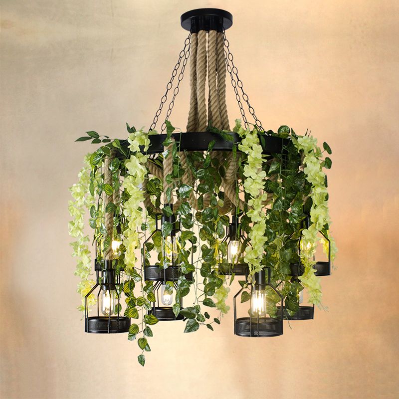 Purple/Green Flower Chandelier Vintage Hemp Rope 8 Heads Restaurant Down Lighting Pendant with Metal Cage