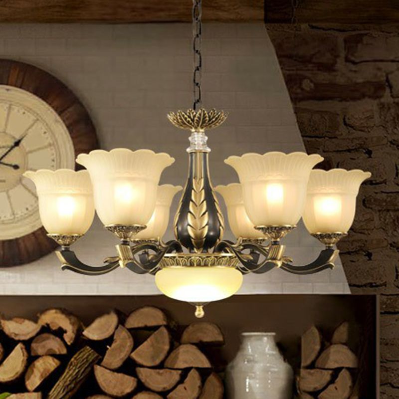 Frost Glass Gold-Black Chandelier Light Floral Retro Pendant Light Fixture for Dining Room