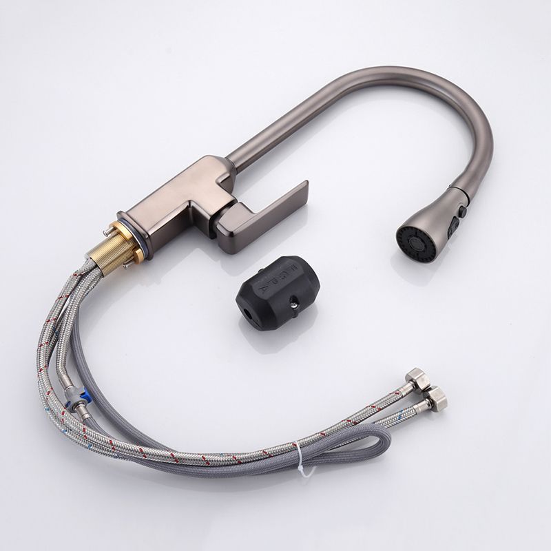 Contemporary Retractable Kitchen Faucet Copper 1-Handle High Arc Kitchen Faucet