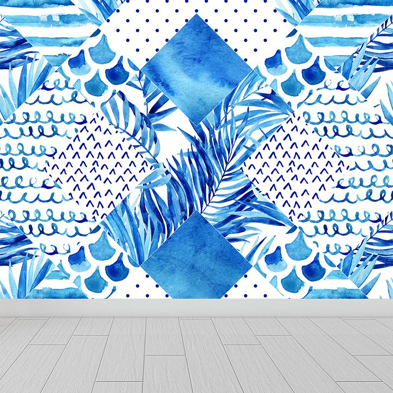 Extra Large Tropical Mural Wallpaper in Blue Leaves Pattern Wall Decor, Custom Printed
