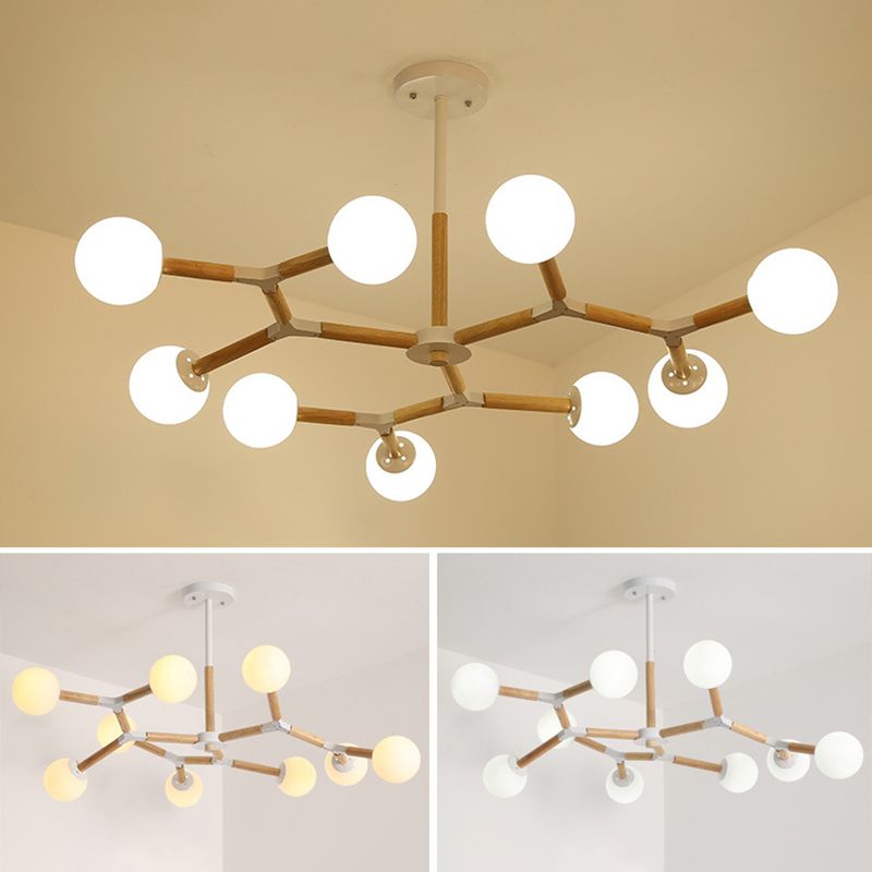 Lampadario molecolare nordico in legno soggiorno luce a sospensione con sfera di vetro opale