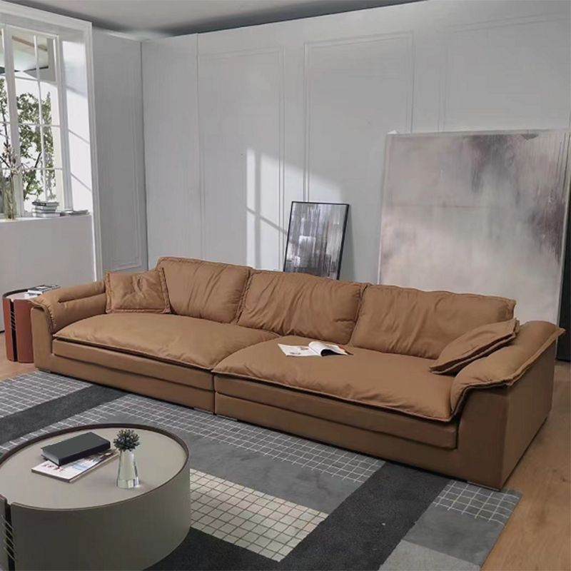 Brown Pillow Top Sofa & Chaise Faux Leather Loose Back Sofa - 30.7" H