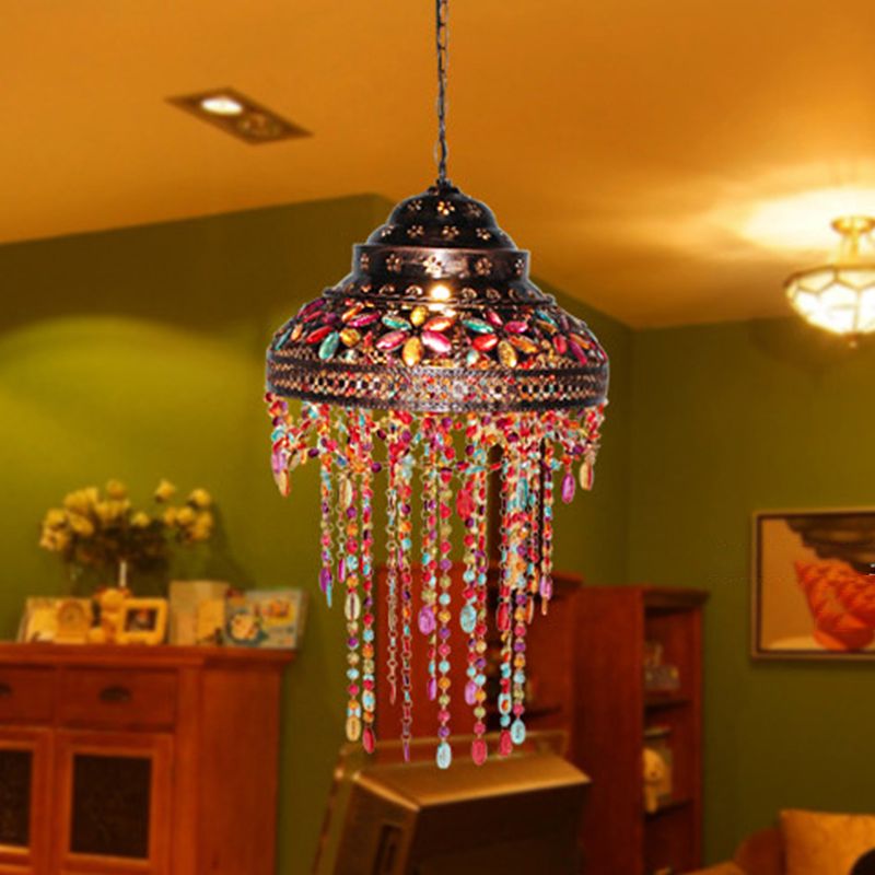 Bowl Dining Room Down Lighting Pendant Boho Stained Glass 1-Light Copper Hanging Lamp with Beaded Drape