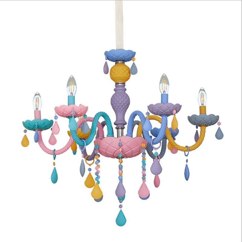 Bedroom Macaron Pendant Light in Modern Creative Style Wrought Iron Chandelier with Crystal Decoration