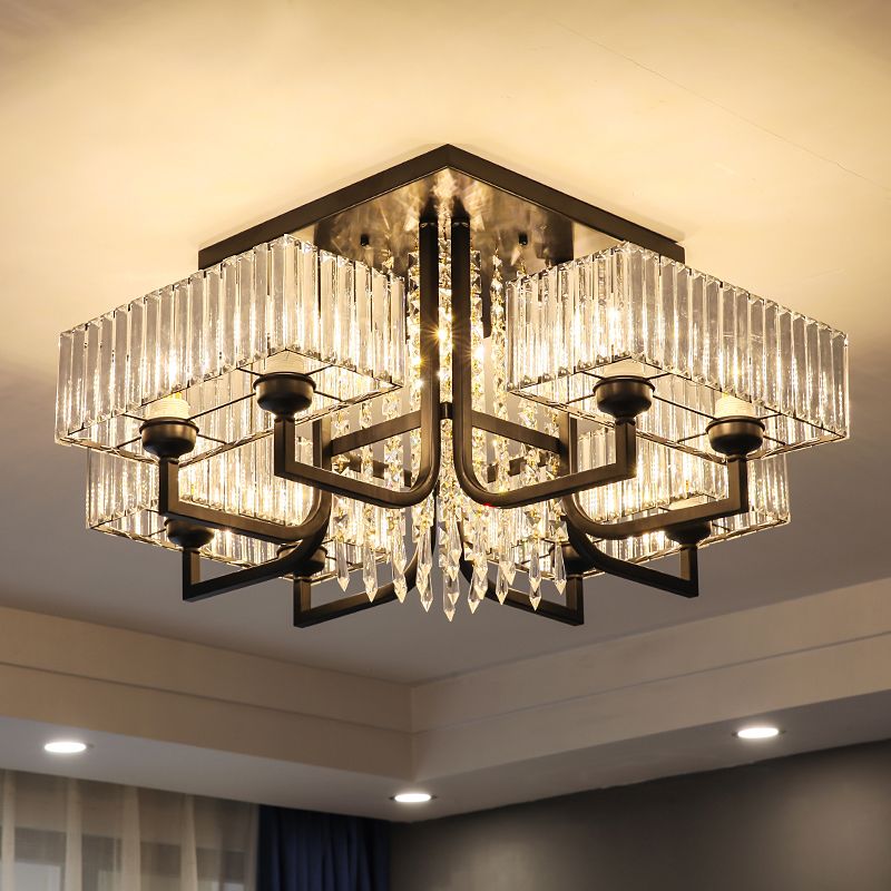 Contemporary Rectangle Ceiling Light Prismatic Crystal Living Room Semi Flush Mount Light in Black