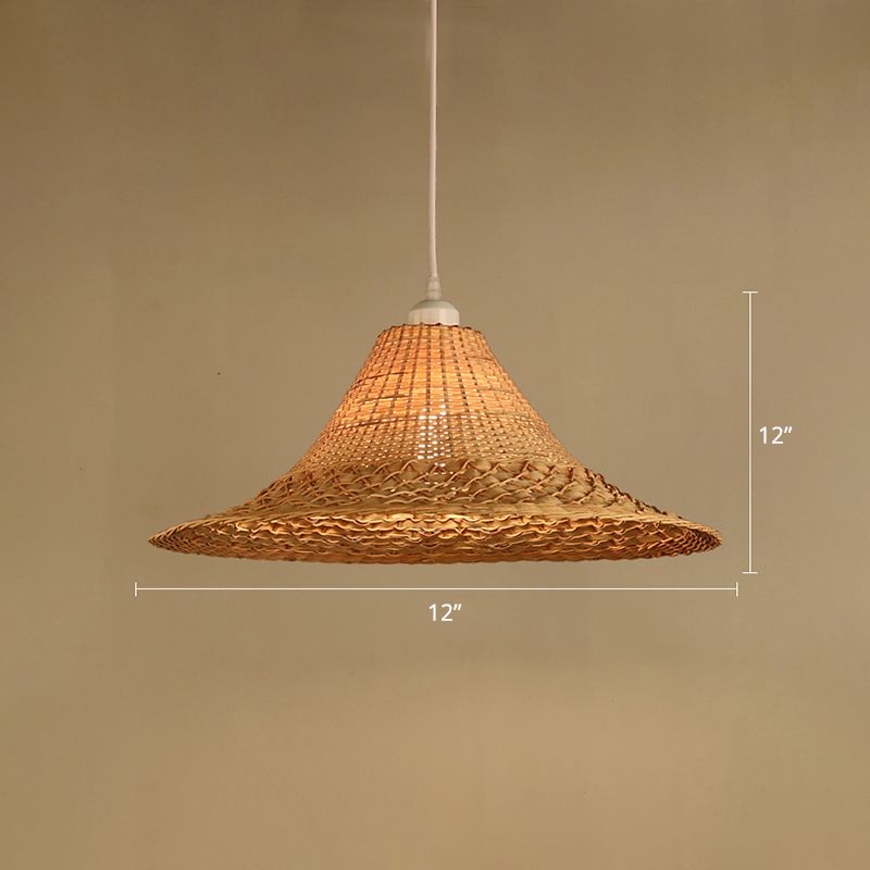 Straw Hat Ceiling Light Asian Style Bamboo 1 Bulb Restaurant Hanging Light Fixture in Wood