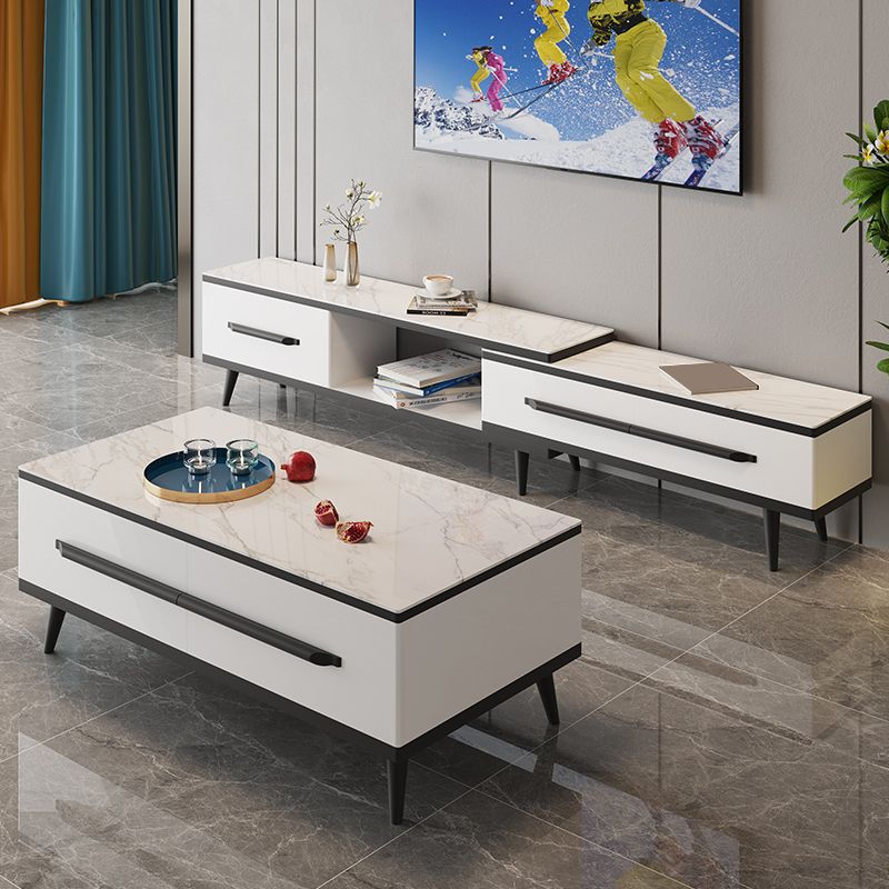 Slate Top 4 Legs Coffee Table with Storage Drawers Contemporary White