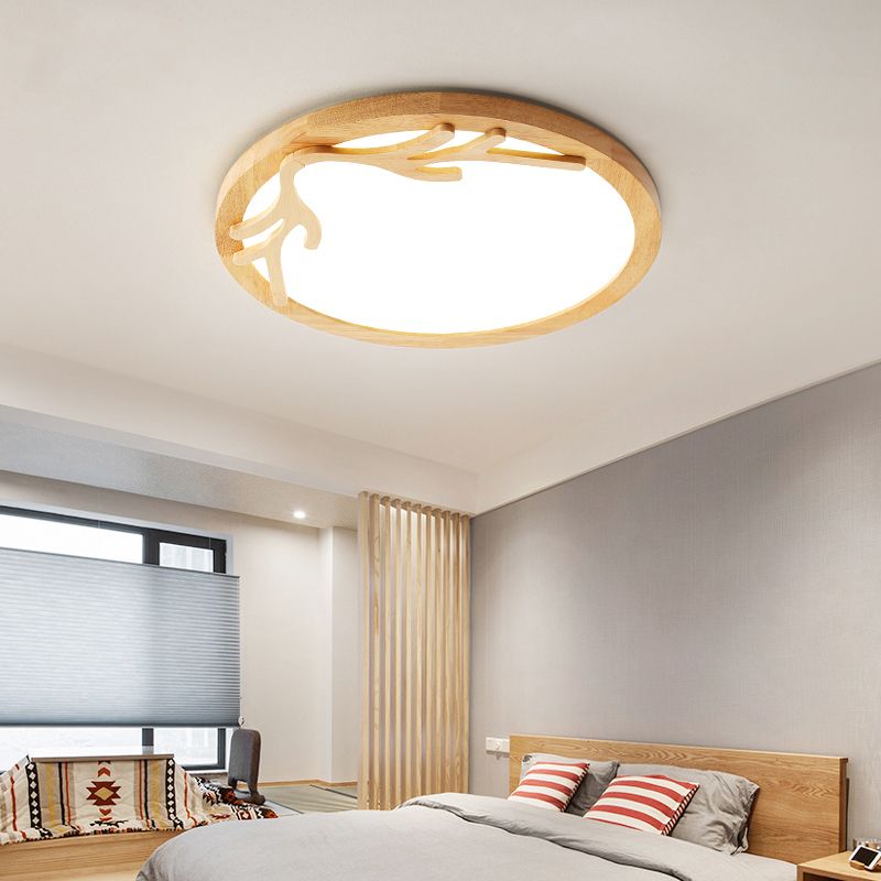 Plafonnier LED moderne en bois de cerf avec diffuseur acrylique, beige