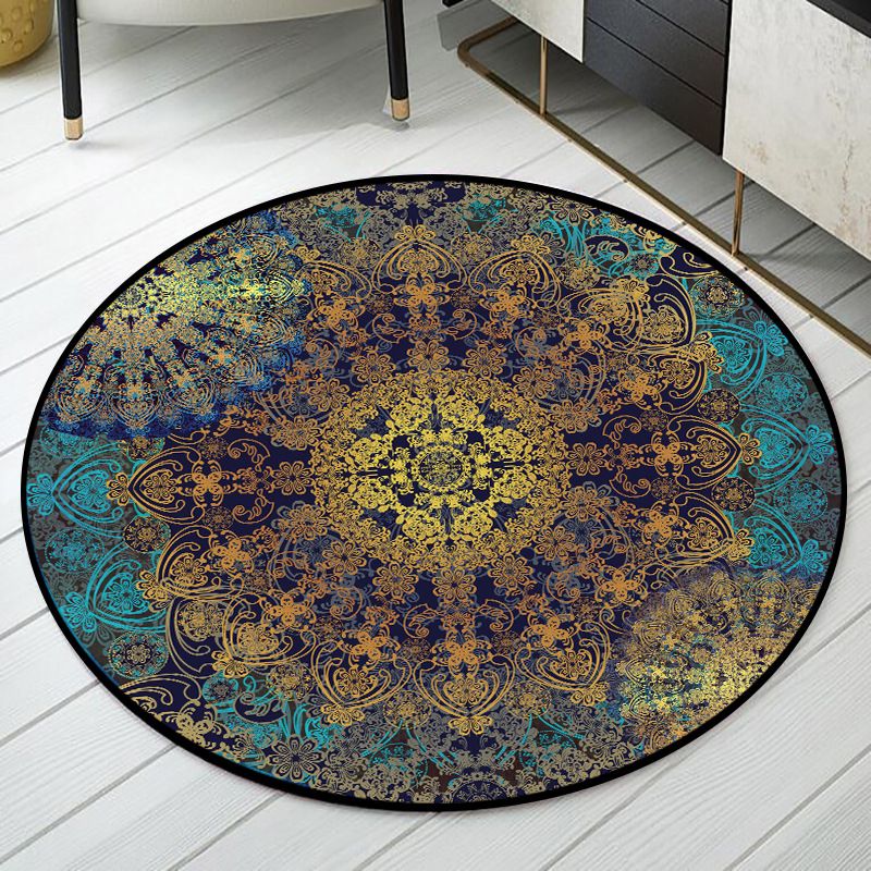 Antiqued Floral Patterned Rug Distressed Blue-Yellow Moroccan Rug Polyester Washable Non-Slip Backing Stain Resistant Rug for Home