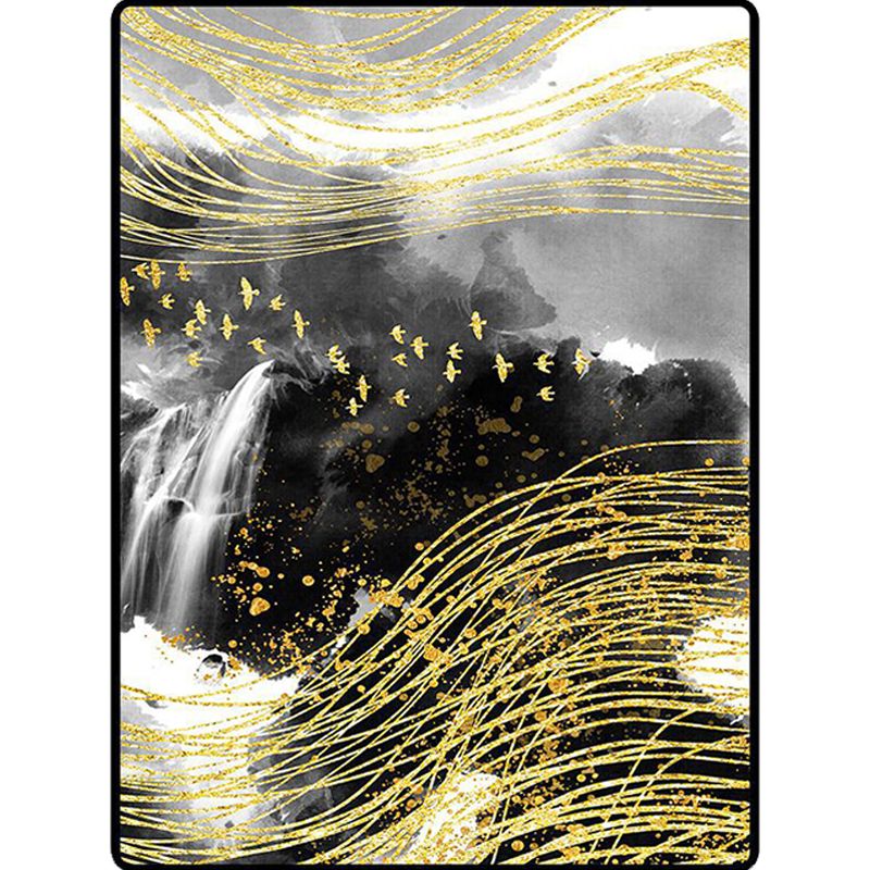 Modern Living Room Rug in Black and Yellow Abstract Waterfall Bird Line Print Rug Polyester Washable Area Rug