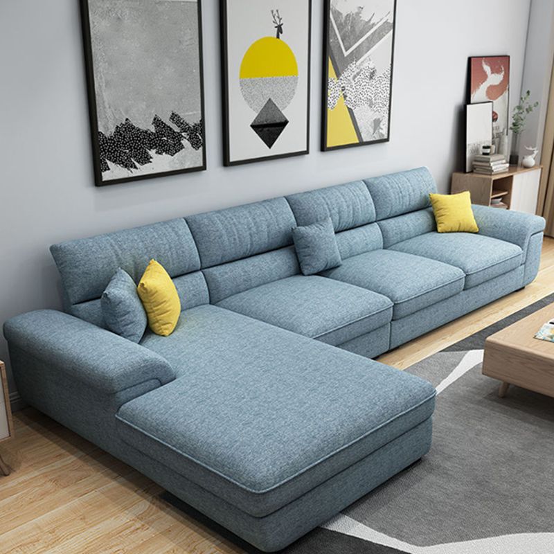 Blue L-Shape Sectional with Pillow Top Arm and Pillows Back for Four People