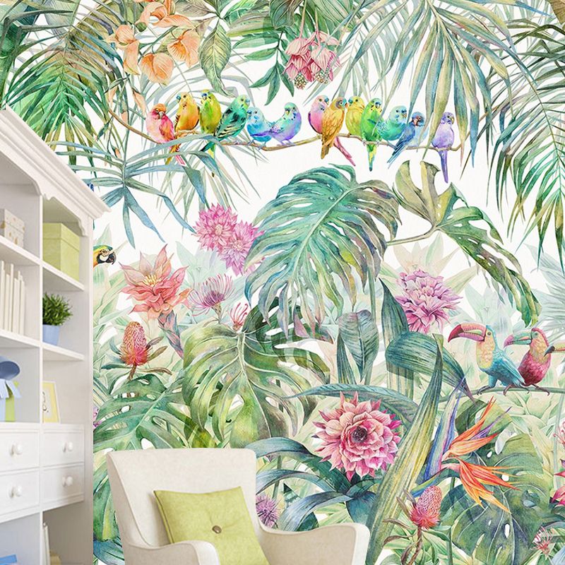 Whole Nordic Wall Art Soft Green Parrot and Jungle Mural, Customized Size Available