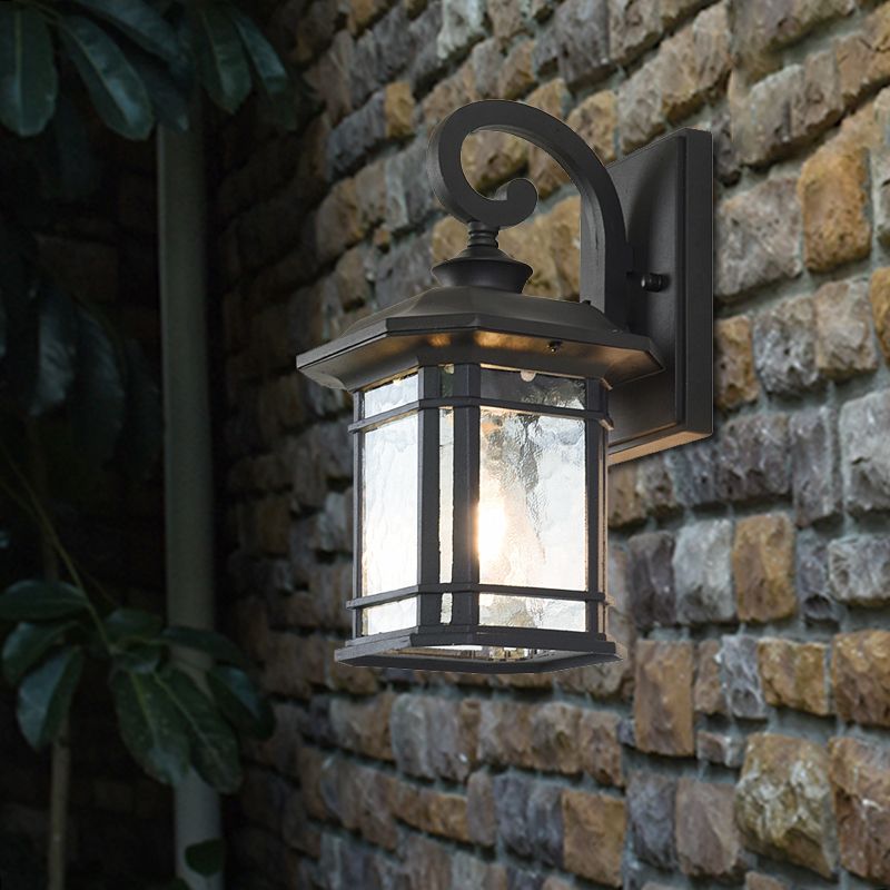 Bronze Curvy Arm Wall Lighting Countryside Clear Ripple Glass Single Head Outdoor Sconce
