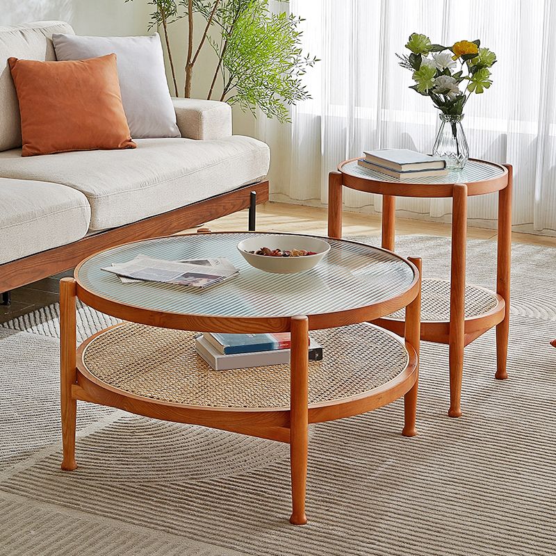Modern 4 Legs Wood Base Glass Round Top Coffee Table for Apartment
