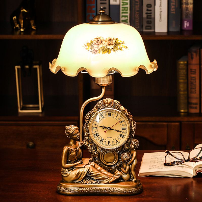 Brass 1 Head Scalloped Table Lamp Vintage Opaline Glass Bowl Reading Book Light with Clock and Woman Deco