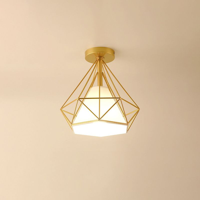 Plafonnier simple à encastrer, luminaire vintage en métal en forme de diamant avec abat-jour en tissu conique