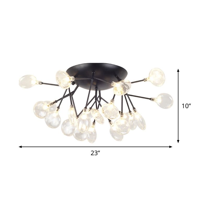 Clear Glass Branchlet LED Ceiling Flush Modern 21 Bulbs Black Semi Flush Mount Chandelier in Warm/White Light
