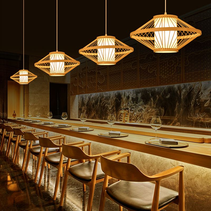 Beige Bamboo Hanging Light Fixture Asian 1-Light Suspension Pendant Light for Restaurant