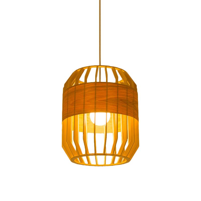 Japanese Laser Cut Hanging Light Wood 1 Bulb Pendant Lighting Fixture in Beige for Restaurant
