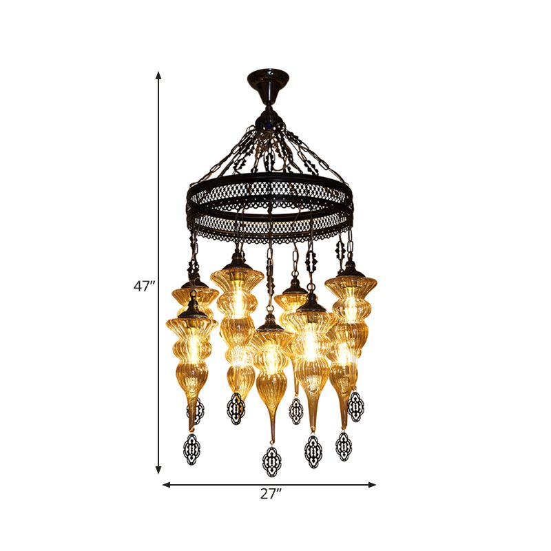 9 Bulbs Pendant Chandelier Traditional Coffee Shop Suspension Lighting Fixture with Jar Tan Ribbing Glass Shade