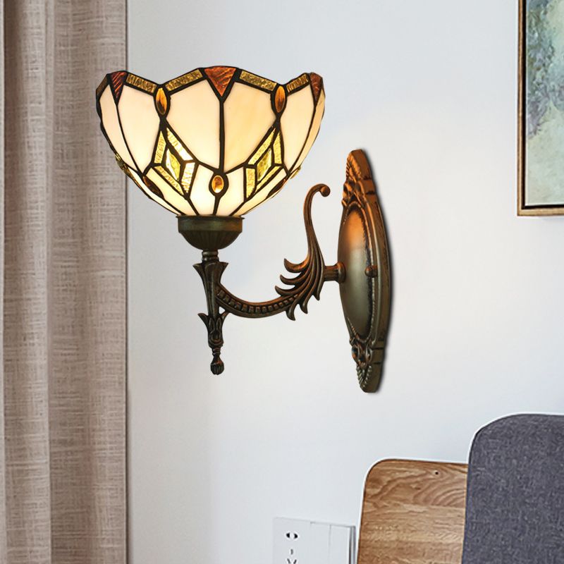 Baroque Flower Shaped Sconce Light 1 Head Beige Glass Wall Mount Lamp in Bronze for Bedroom