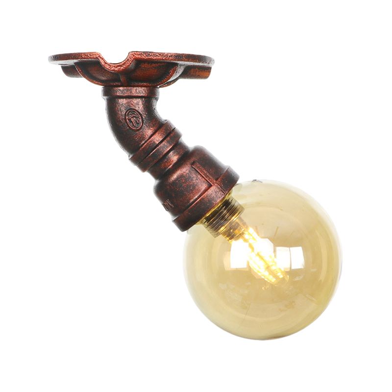 Copper Finish 1 Light Semi Flush Mount Vintage Amber Glass Orb Flush Ceiling Lamp Fixture