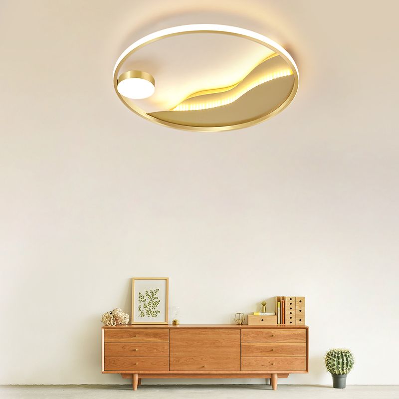 Minimalistic Abstract Art Round Flush Mount Metal Bedroom LED Ceiling Light in Gold