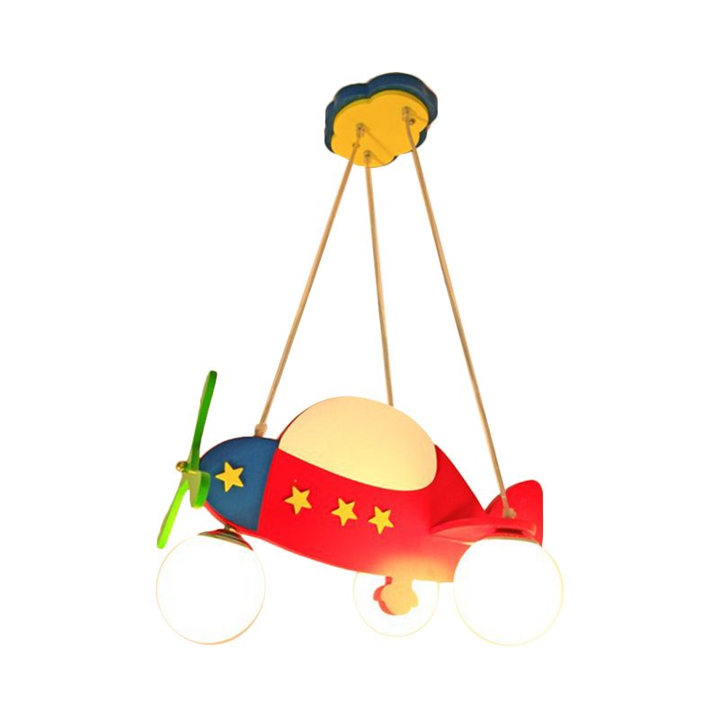 Cartoon Helicopter Chandelier Lighting Wooden 3 Bulbs Kids Room Hanging Light in Red with Ball Milk Glass Shade