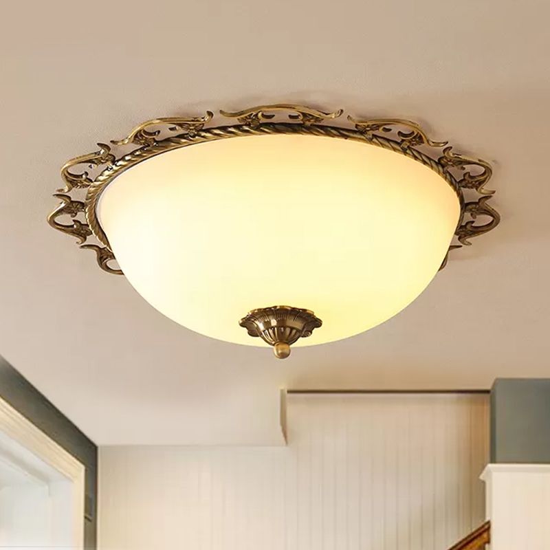 3/5 Bulbs Half-Globe Flush Light Rural Brass Frosted White Glass Ceiling Mount Lamp with Trim